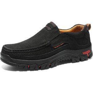 🆕Men's Black Slip-on Hiking Shoes Leather Casual Outdoor Walking Sneaker